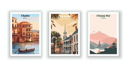 Chania, Greece, Charleston, South Carolina, Chiang Mai, Thailand - Vintage travel poster. Vector illustration. High quality prints