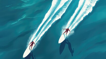 Top-Down View of Two Surfers Riding Waves