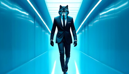 Mystical wolf in a sleek black suit confidently navigating a futuristic blue-lit hallway, embodying style and intrigue in an executive atmosphere