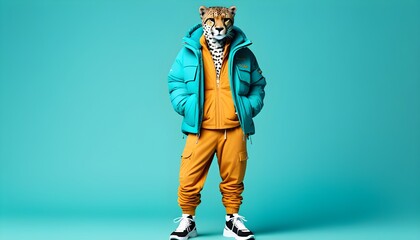 Urban-chic cheetah in vibrant teal and yellow, blending natures agility with modern street fashion flair