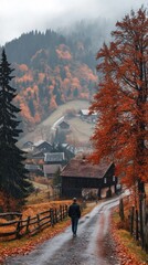 Poster - A man walks down a road in a rural area with autumn foliage