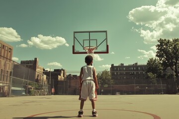 A young boy standing on the basketball court, facing away from the camera with his back to us, looking up at an overhead shot of a basketball hoop. Play Basketball Day.