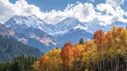 Poster - The mountains are covered in snow and the trees are orange