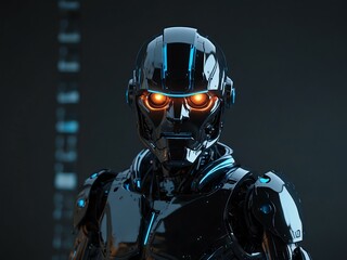 Sticker - A chrome robot with a glowing blue helmet and neon lights.