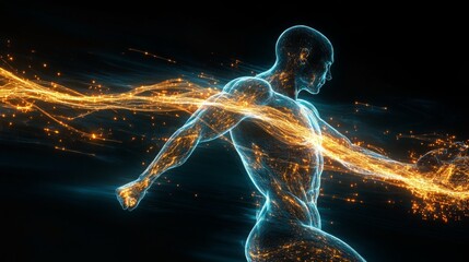 Poster - A digital rendering of a man running, made of blue and gold particles, in a dark void.