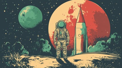Wall Mural - an astronaut stands on a planet, with a rocket in the background, under a red moon and a green plane