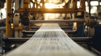 Poster - production line of rolling paper at a manufacturing facility during sunset