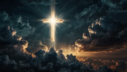 A glowing cross shines through clouds, symbolizing faith and resurrection.