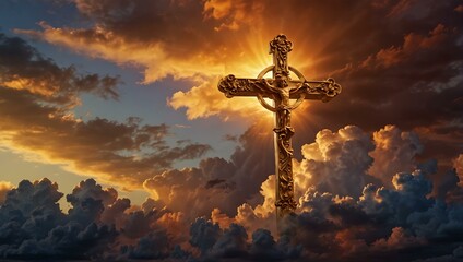 A golden cross glows in vibrant clouds at sunset, representing hope.