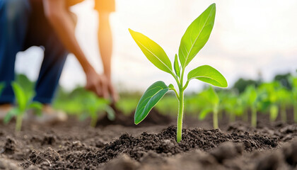 young plant emerges from rich soil, symbolizing growth and renewal in organic farming. farmers hands work diligently in background, showcasing dedication to nurturing nature