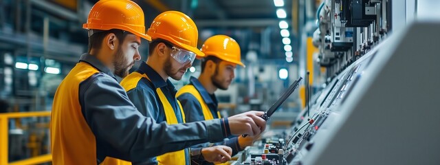 Poster - workers in safety gear monitoring equipment at a manufacturing facility during daylight hours