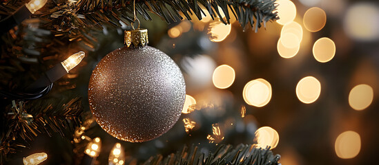 Sticker - Christmas themed close up decoration with ball and light bulb bokeh on a festive tree at night perfect as a copy space image