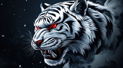 Angry white tiger head animal with sharp fangs dangerous red eyes background wallpaper desktop AI generated image