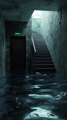 Canvas Print - Flooded Basement with Concrete Stairs and a Door