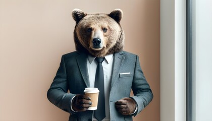 Poster - Rugged professionalism: a bear in a grey suit and tie savoring coffee in a contemporary office environment