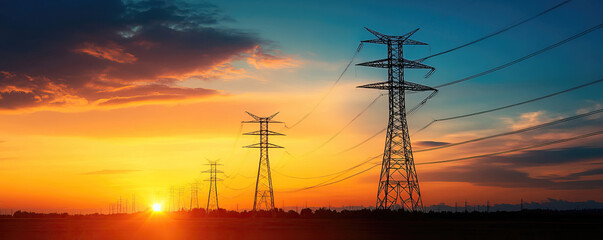 Silhouettes of power lines against a vibrant sunset sky, showcasing the beauty of energy infrastructure and nature's colors.