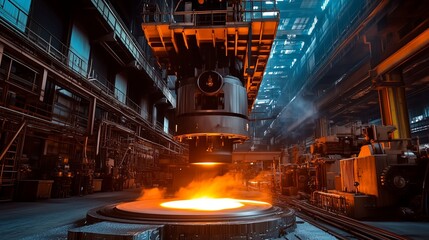 Wall Mural - High-temperature metal pouring in a large industrial foundry during late afternoon hours