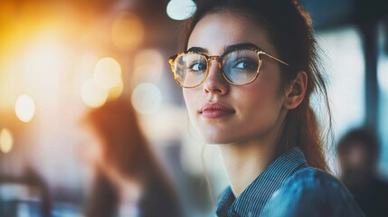 Sticker - Focused Young Woman with Glasses in a Bright Setting