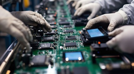 Poster - assembly line workers in cleanroom attire assembling electronic components in a high-tech manufactur