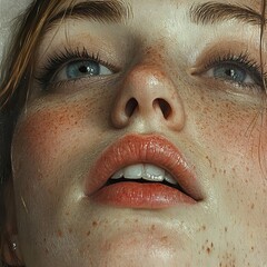 Wall Mural - Close-up Portrait of a Woman with Freckles and Blue Eyes