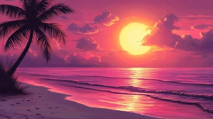 Wall Mural - A tropical sunset over the ocean with a palm tree. Use this image for your travel or vacation-themed project.