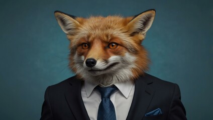 Wall Mural - a red fox in a business suit changes expressions against a blue background.