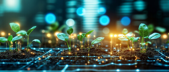 Poster - Digital business landscape showcasing glowing plants growing on high tech surface, symbolizing innovation and sustainability in agriculture. vibrant scene reflects fusion of nature and technology