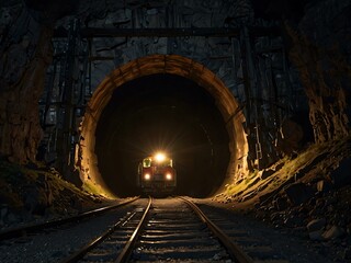 A train approaches an old mining tunnel, illuminated from the end.