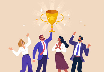 Poster - Business Team Success. Vector illustration in a flat style of a close-up group of happy diverse people in business suits with a golden cup in the manager's raised hand. Isolated on background.