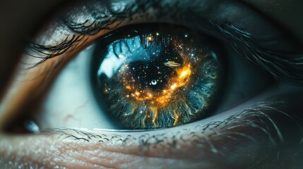 Poster - The iris reflects a stunning cosmic scene filled with stars and nebulae, creating a mesmerizing view that draws the observer into a world beyond the ordinary