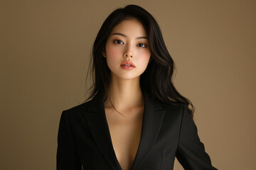 A studio portrait of an hourglass Japanese woman confidently wearing a tailored blazer