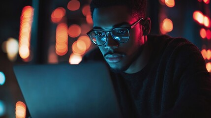 Poster - Focused Individual Using Laptop at Night