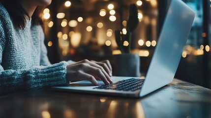 Wall Mural - Warm Evening Workspace with Laptop and Soft Lighting