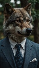 Wall Mural - a wolf in a blue suit gazes off seriously.