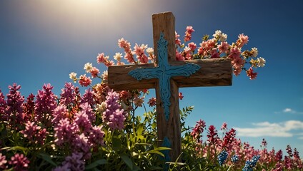 A wooden cross surrounded by delicate flowers against a vibrant blue backdrop.