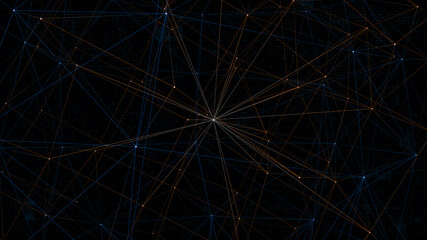 Poster - Blue and orange dot and line connection with polygonal technology abstract background