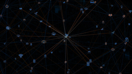 Blue digital ai technology icons linked on grid mesh and line connection on futuristic abstract background technology