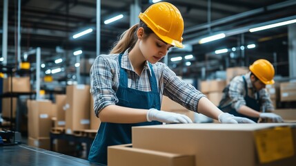 Poster - young woman working diligently in a warehouse, packaging boxes alongside colleagues during daytime o