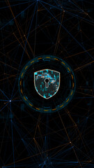 Fototapete - Blue digital security shield logo with circle futuristic HUD elements and orange line connection with network firewall technology and data secure concept vertical abstract background