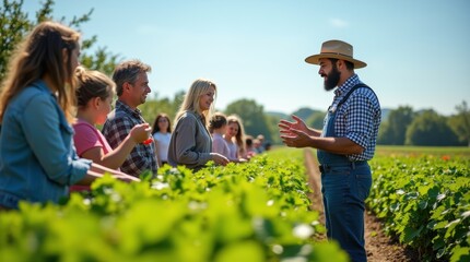 a diverse group of farmers guides visitors through vibrant rows of crops on a sunny day at the local
