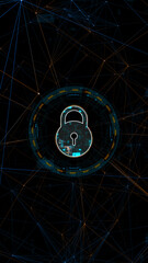 Fototapete - Blue digital security key logo with circle futuristic HUD elements and orange line connection with network firewall technology and data secure concept vertical abstract background