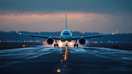 Airplane taxiing on runway at dusk. Perfect for travel, transportation, and airport themes.