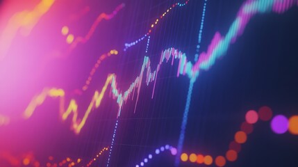 Fototapete - A close-up shot of a digital financial graph on a computer screen, showcasing rising and falling trends with vibrant colors, illustrating market fluctuations and investment opportunities.
