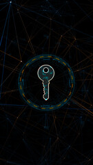 Fototapete - Blue digital security key logo with circle futuristic HUD elements and orange line connection with network firewall technology and data secure concept vertical abstract background