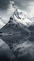 Poster - Grey tone wallpaper snowy mountain reflection landscape.