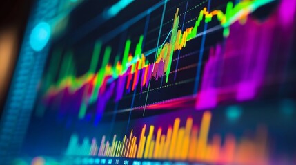 Fototapete - A close-up shot of a digital financial graph on a computer screen, showcasing rising and falling trends with vibrant colors, illustrating market fluctuations and investment opportunities.