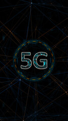 Poster - Blue digital 5G letter logo with circle futuristic HUD elements and orange line connection with generation of connection technology concepts on vertical abstract background