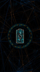 Poster - Blue digital battery logo with circle futuristic HUD elements and orange line connection with power reserve concepts on vertical abstract background