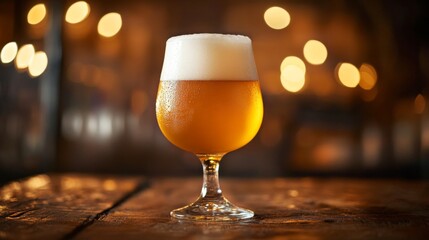 Poster - A close-up shot of a frosty beer glass filled with golden ale, adorned with a delicate foam head, resting on a wooden table with warm ambient lighting in the background