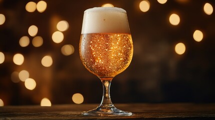 Poster - A close-up shot of a frosty beer glass filled with golden ale, adorned with a delicate foam head, resting on a wooden table with warm ambient lighting in the background